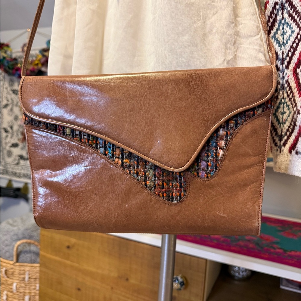 Stuart Weitzman Tan Leather and Tweed Shoulder/Crossbody Bag/Clutch